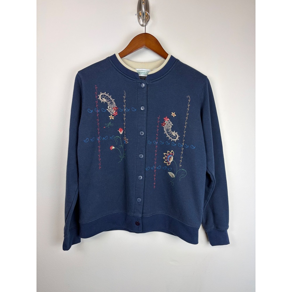 Shenanigans Cardigan Sweatshirt Small Navy Blue Embroidered Floral Grandmacore